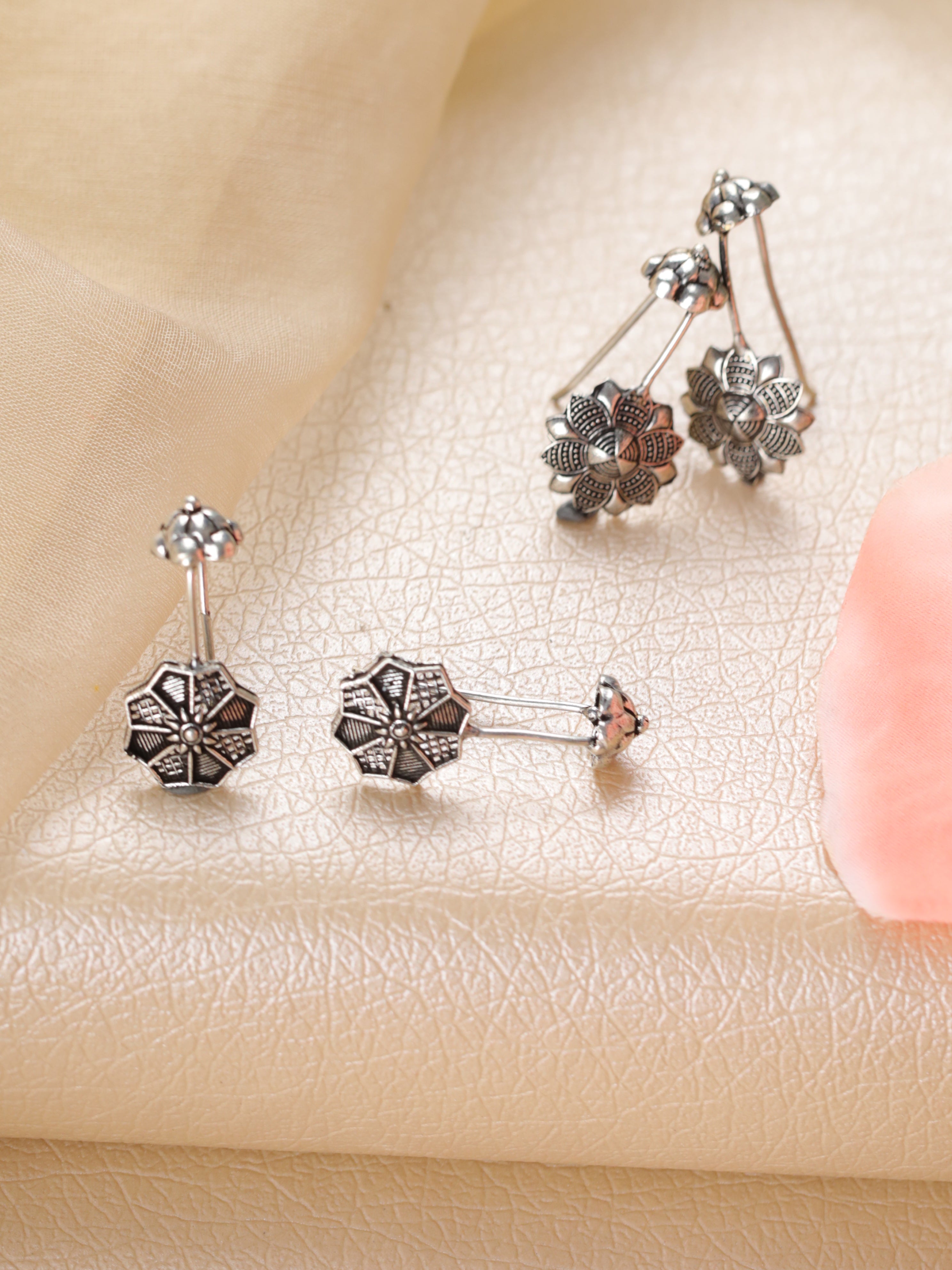 Set Of 2 Silver-Toned Textured & Floral Ear Cuff Earrings