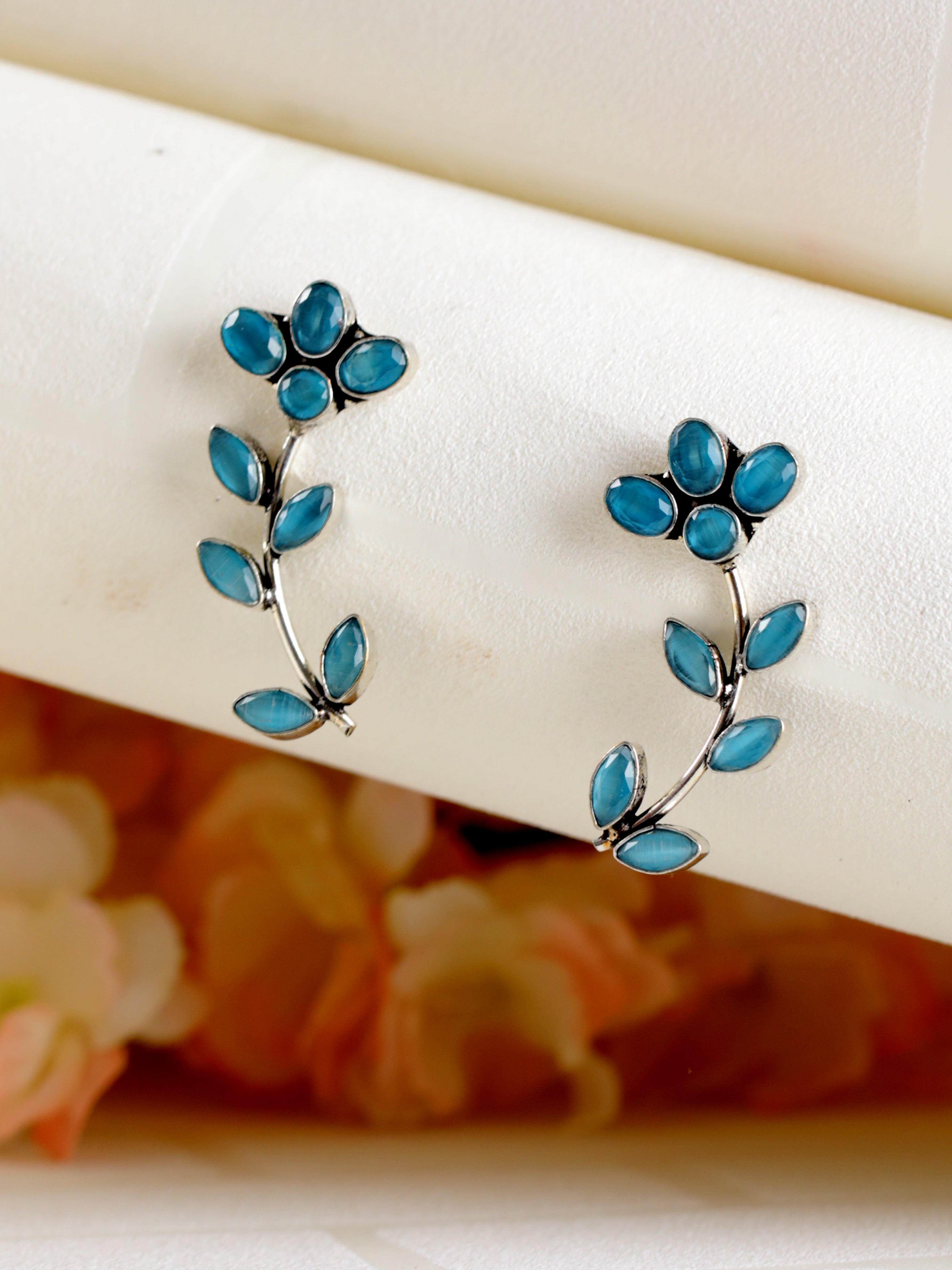 Blue Silver-Plated Handcrafted Leaf Shaped Drop Earrings