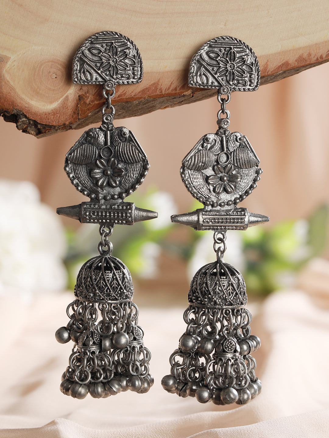 Gunmetal-Toned & Silver-Plated Dome Shaped Jhumkas Earrings
