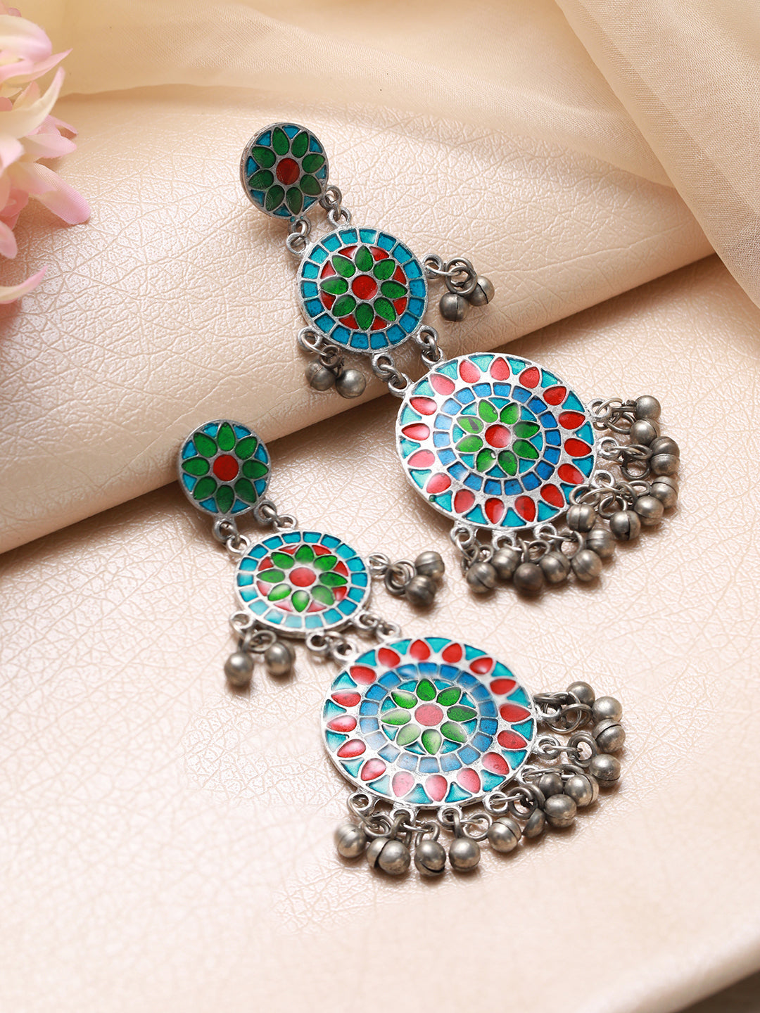 Silver-Plated Oxidised Multi Colored Handpainted Drop Earrings