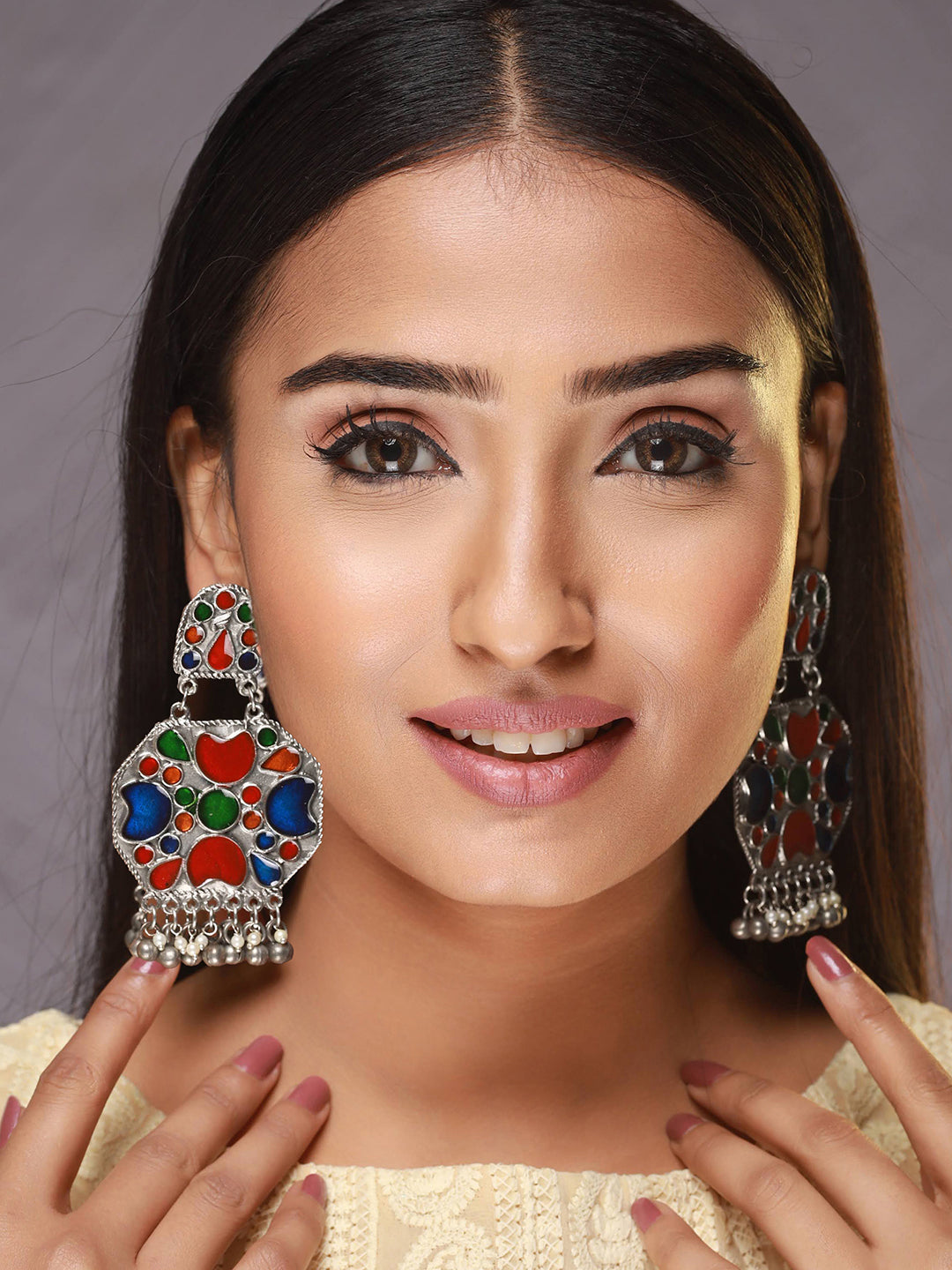 Oxidized Silver-Toned Multicoloured Enamelled Comtemporary Drop Earrings