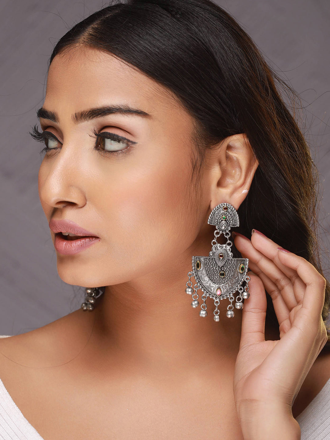 Silver-Toned ,Red & Green Kundan Studed Ghungroo Drop Earrings