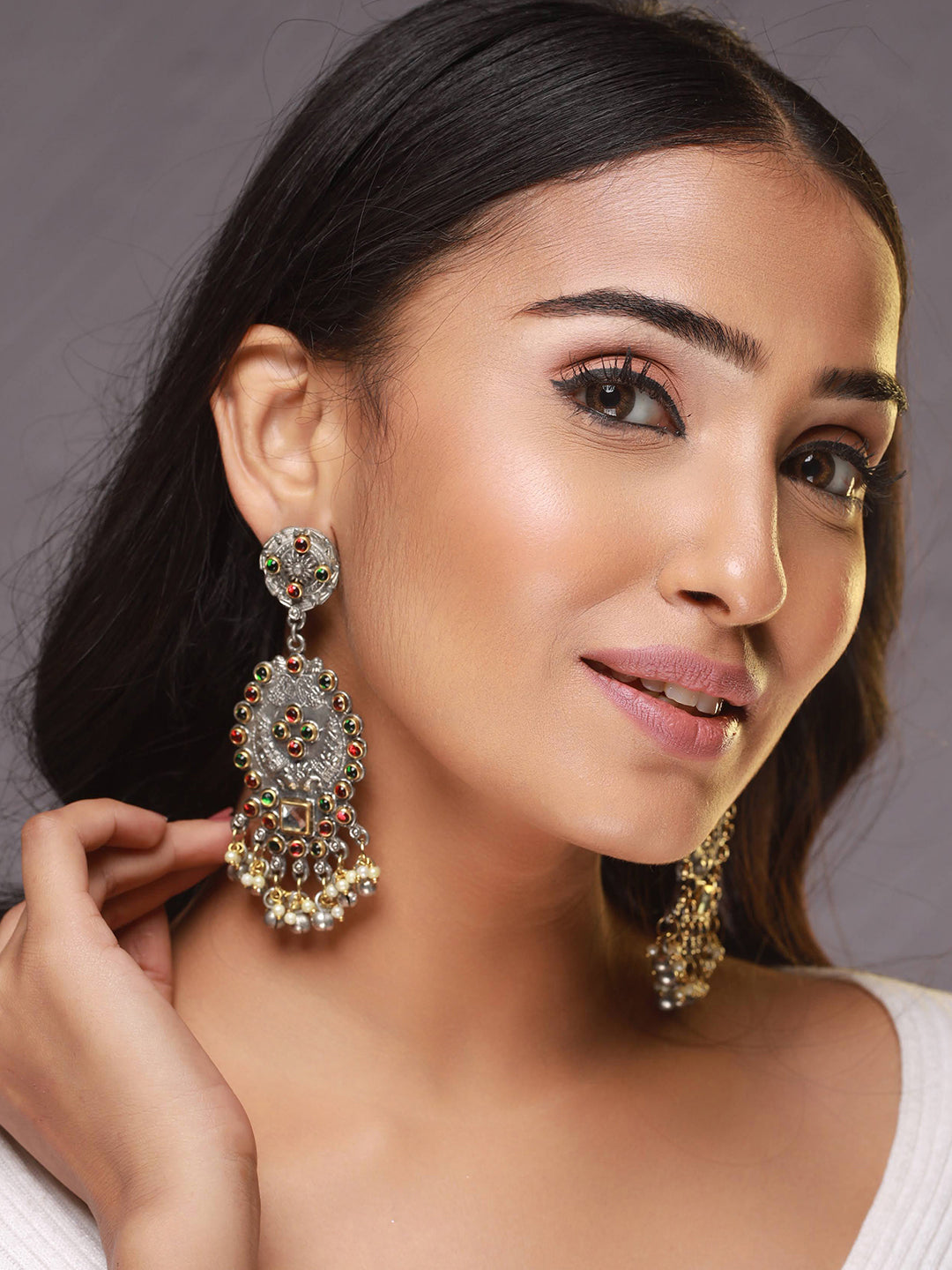 Red & Green Kundan Studded & Beaded Dual Toned Drop Earrings