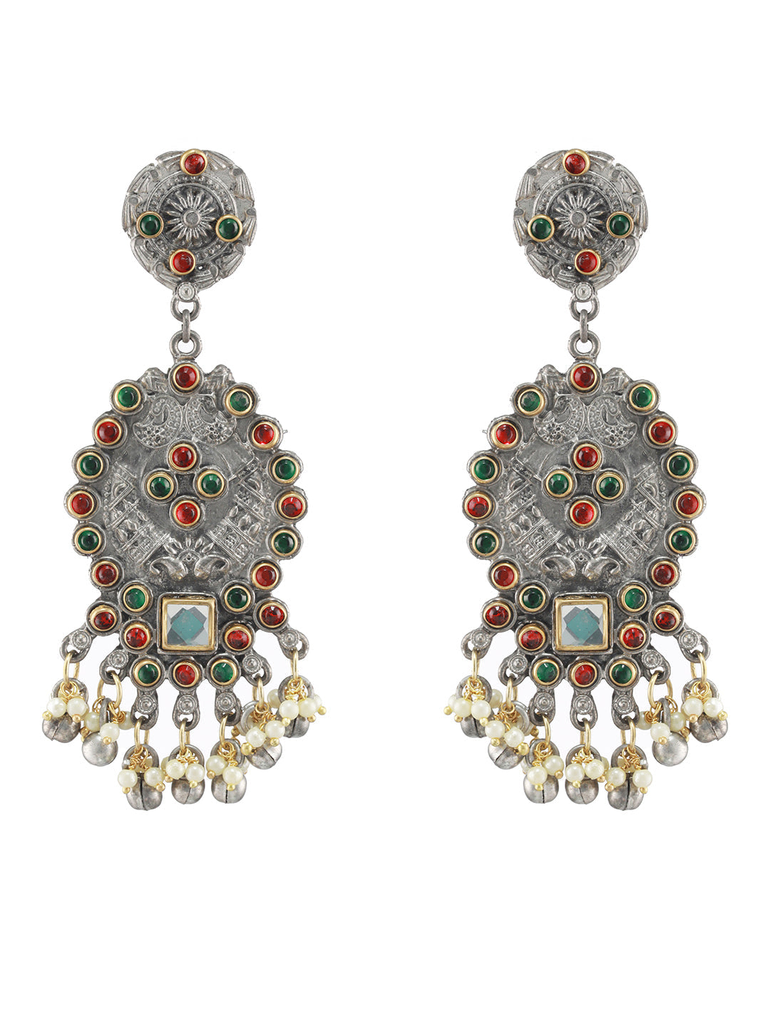 Red & Green Kundan Studded & Beaded Dual Toned Drop Earrings