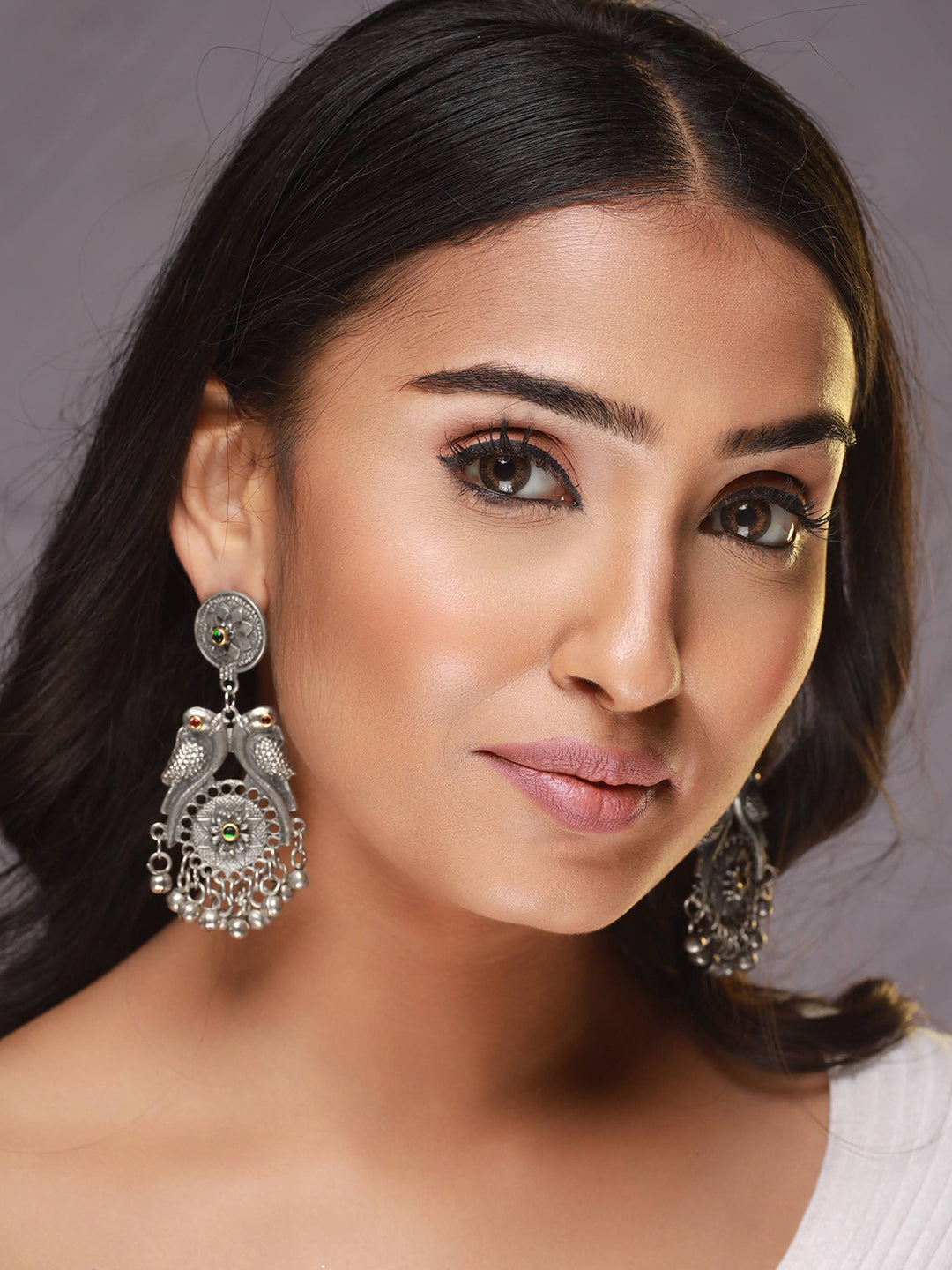 Silver-Toned, Red & Green Kundan Studded Peacock Shaped Drop Earrings