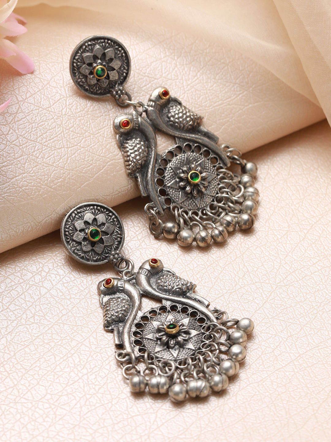 Silver-Toned, Red & Green Kundan Studded Peacock Shaped Drop Earrings