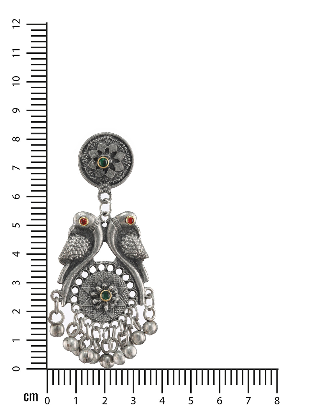 Silver-Toned, Red & Green Kundan Studded Peacock Shaped Drop Earrings