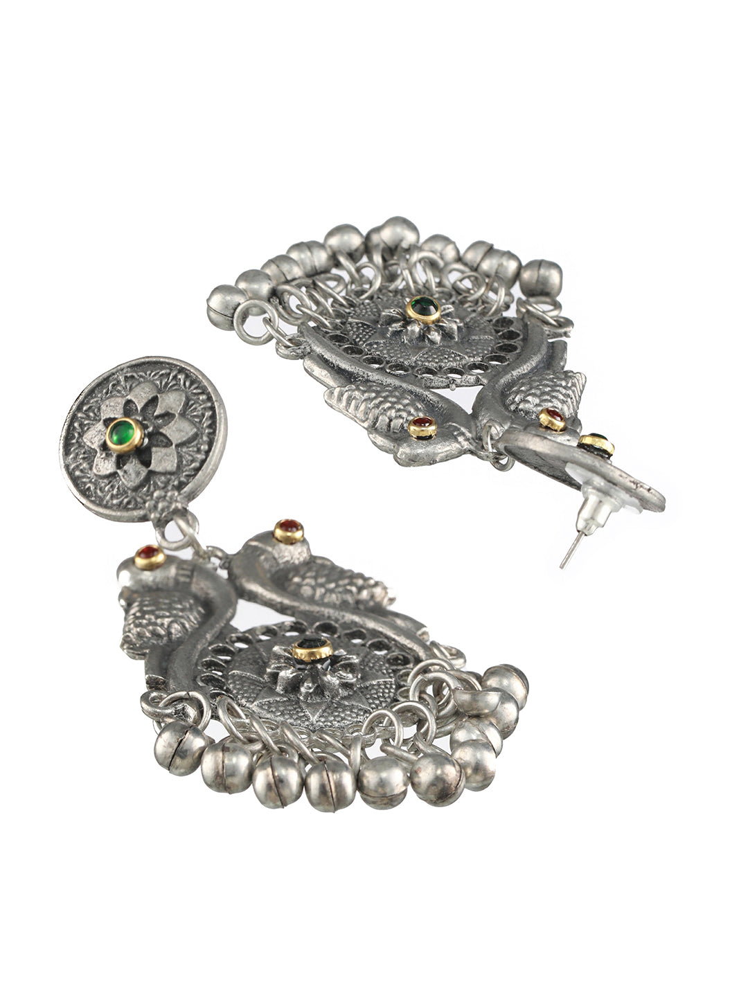 Silver-Toned, Red & Green Kundan Studded Peacock Shaped Drop Earrings