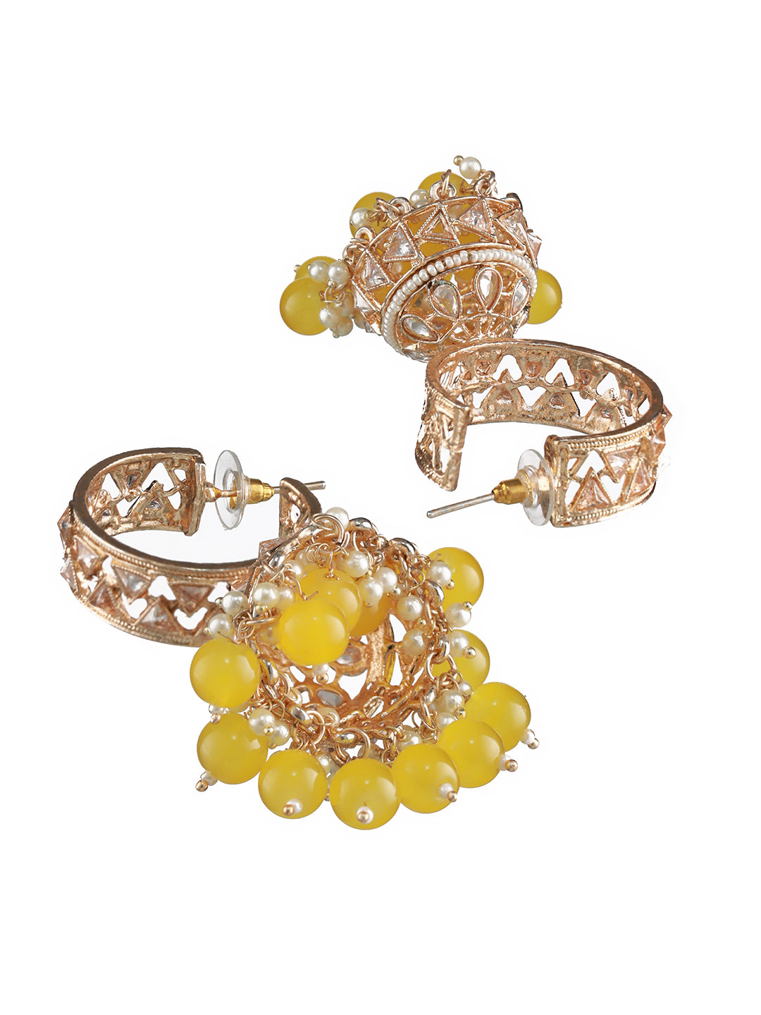 Rose-Gold Plated Ad Studded Yellow & White Beaded Jhumka Earrings