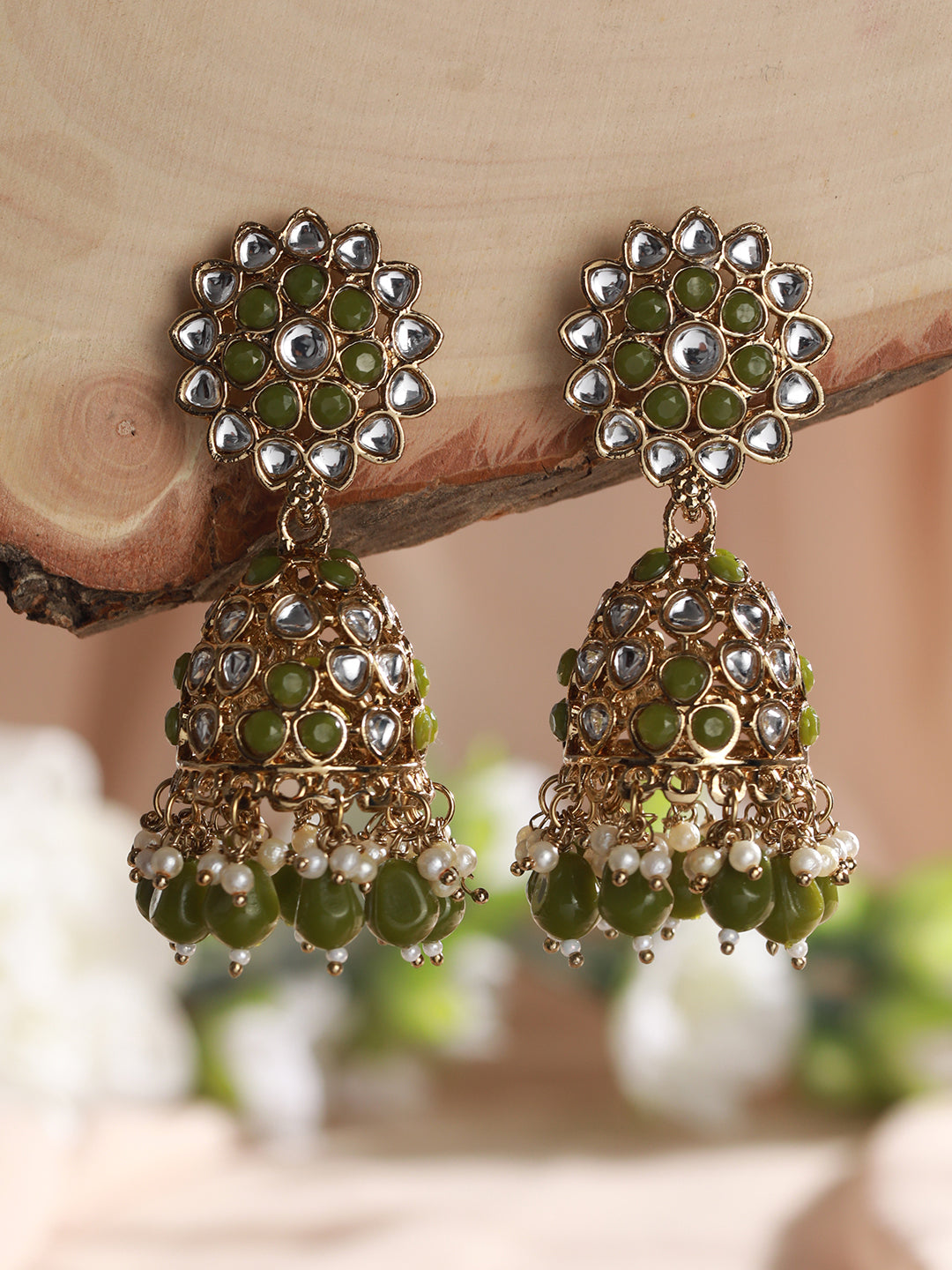 Gold Plated Green & White Kundan Studded & Pearl Beaded Jhumka Earrings