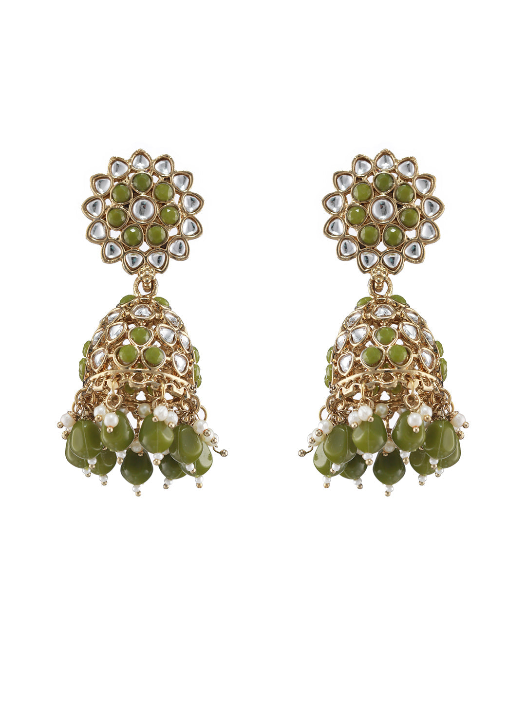 Gold Plated Green & White Kundan Studded & Pearl Beaded Jhumka Earrings