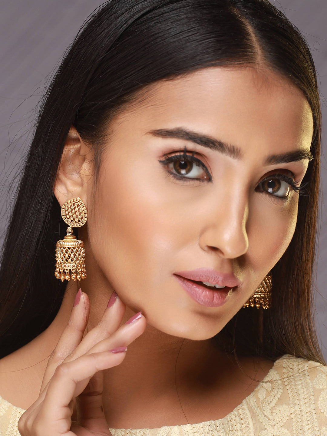 Yellow Gold Plated & Beaded Contemporary Jhumka Earrings