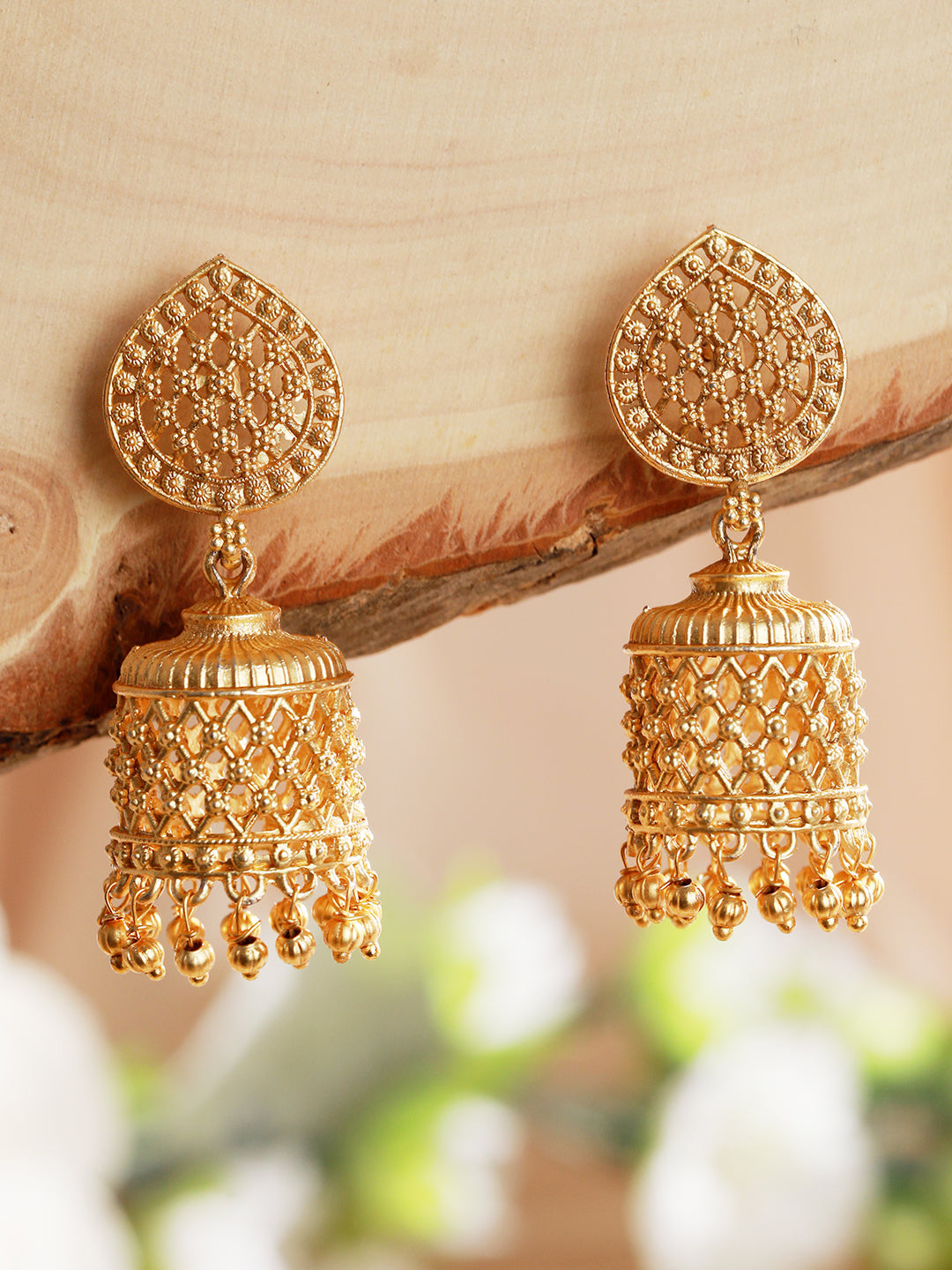 Yellow Gold Plated & Beaded Contemporary Jhumka Earrings
