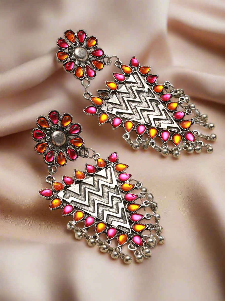 Silver-Plated Pink & Yellow Stone Studded & Ghungroo Drop Earrings
