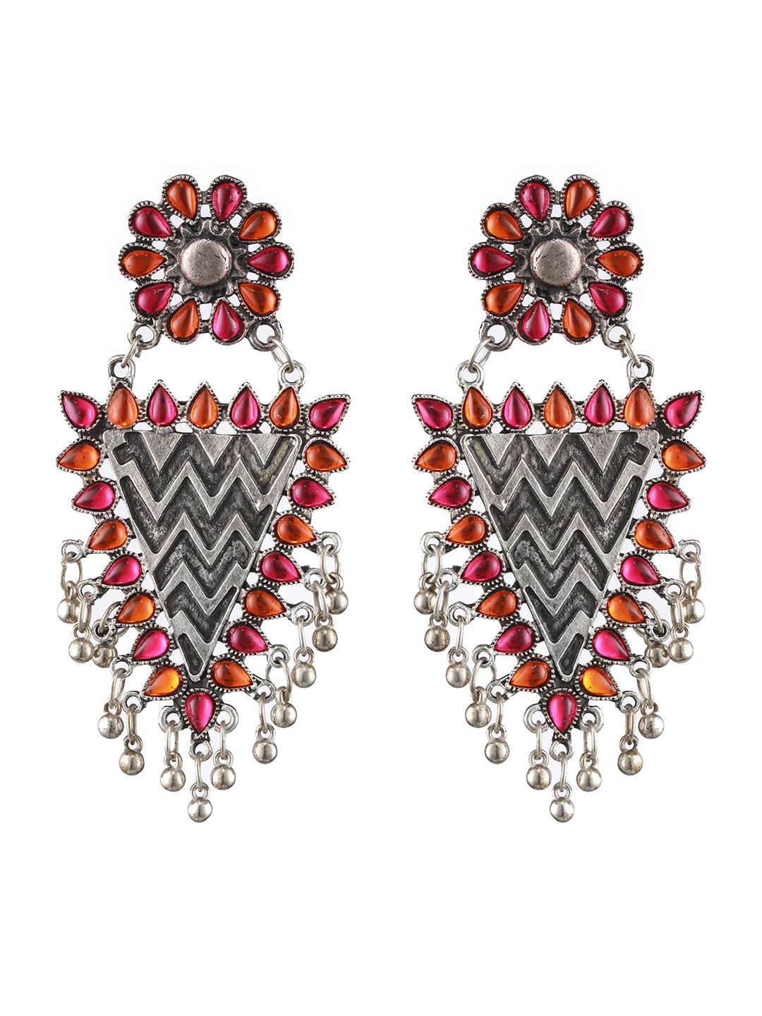 Silver-Plated Pink & Yellow Stone Studded & Ghungroo Drop Earrings