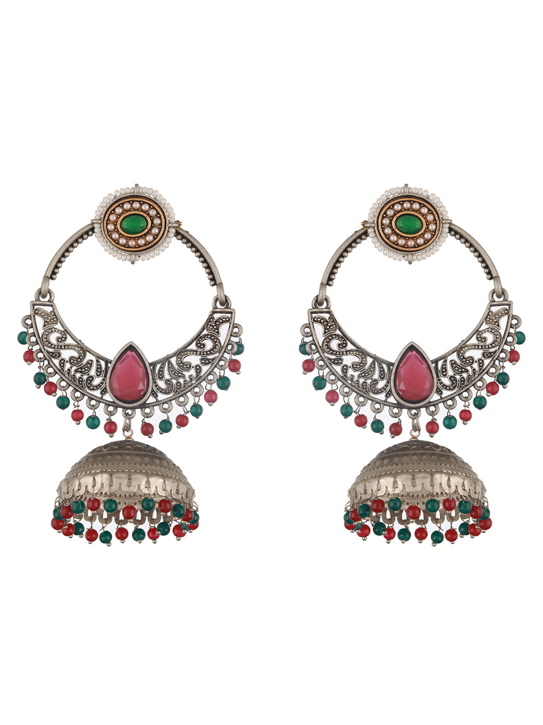 Jazz and Sizzle Silver-Plated Stone Studded Contemporary Jhumka Earrings
