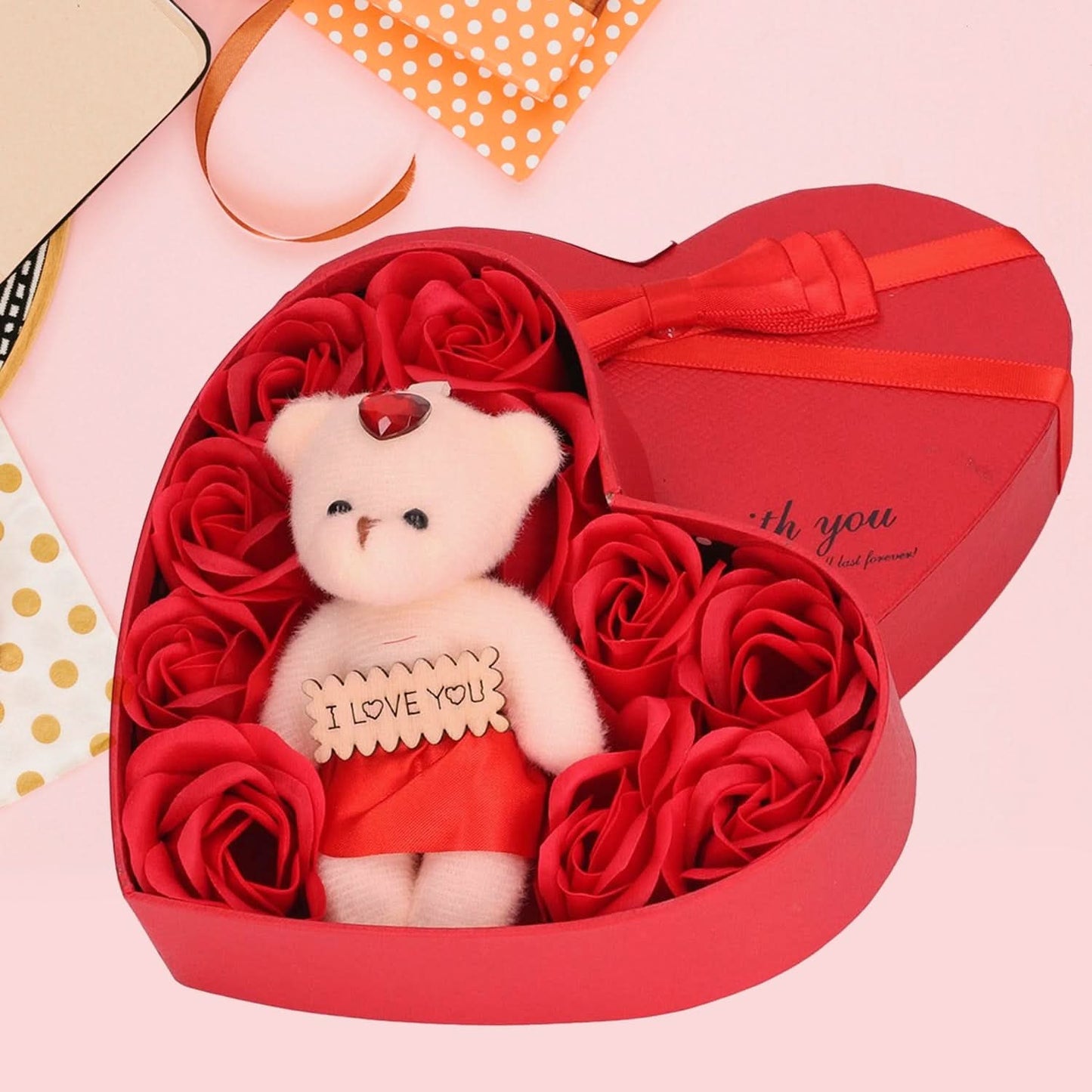 Valentine Gift Box – Teddy Bear & Soap Roses Set