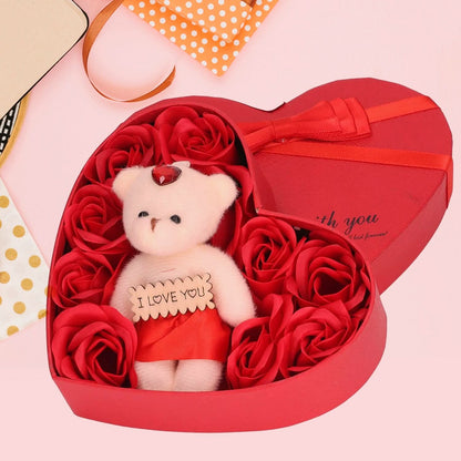 Valentine Gift Box – Teddy Bear & Soap Roses Set