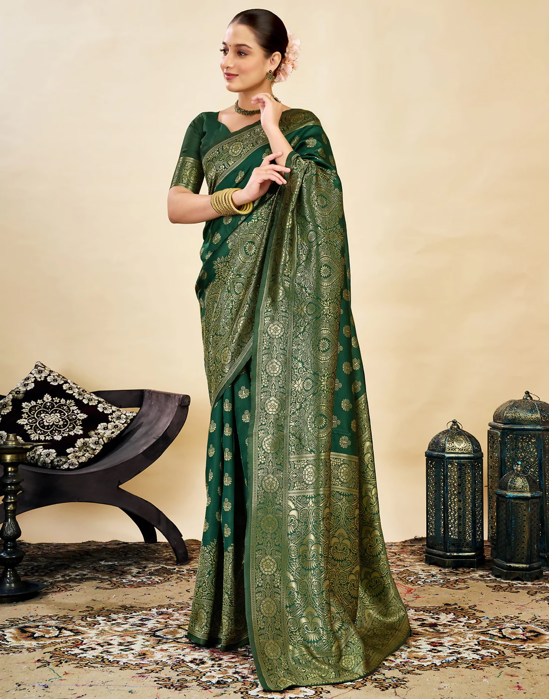 Royal Emerald Jacquard Saree with Golden Zari Work & Heavy Brocade Border