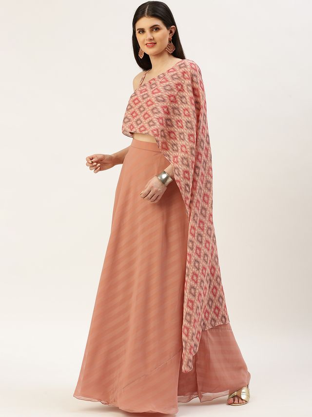 Bollywood Vogue Ready To Wear Multicolored Digital Printed N Mauve Chiffon Skirt Set