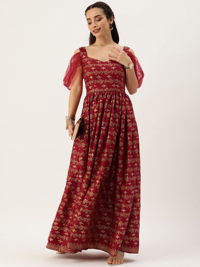 Bollywood Vogue Ready To Wear Maroon Art Silk Foil Printed Gown