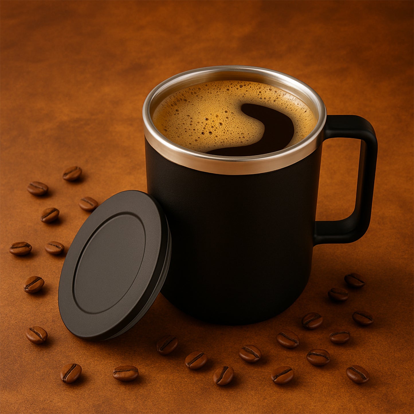 Apex Happy Mug with Silicone Lid – 400 ml with Double Wall Insulated Travel Mug (Black)