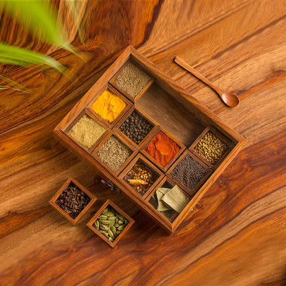 Wooden Spice Box with 12 Containers (Rectangle Shape)