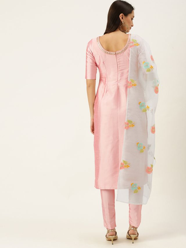 Bollywood Vogue Ready To Wear Pink Art Silk N Off White Organza Straight Suit