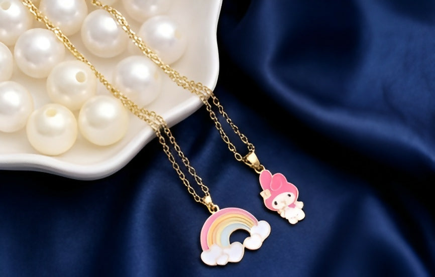 Rainbow Pendant & Cute Cartoon Character Necklace Set (2 Pieces)