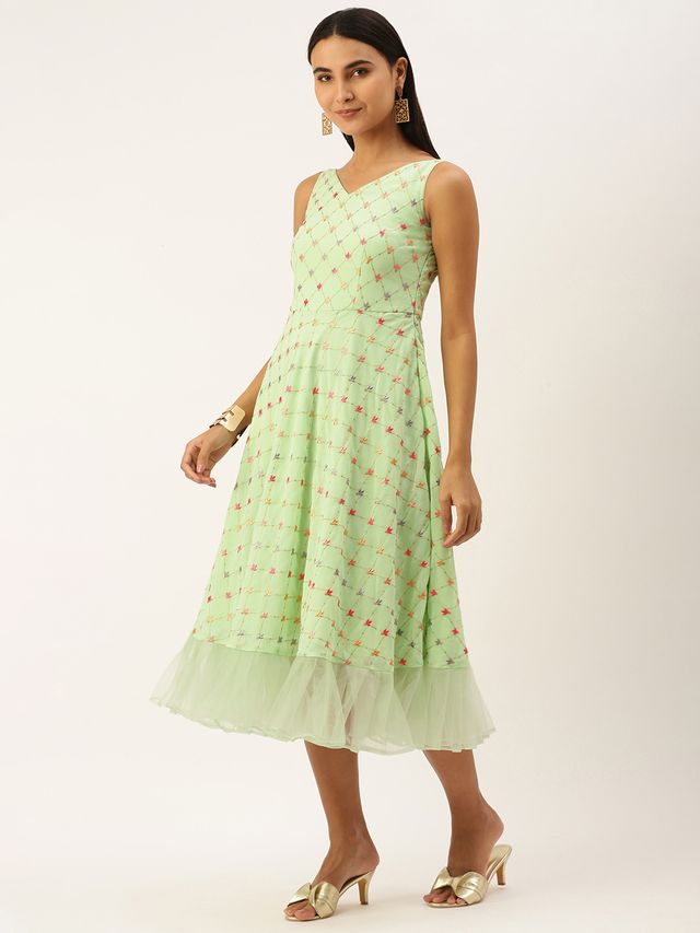 Bollywood Vogue Ready To Wear Green Georgette Embroidered Dress