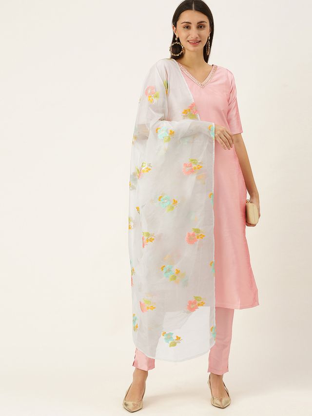 Bollywood Vogue Ready To Wear Pink Art Silk N Off White Organza Straight Suit