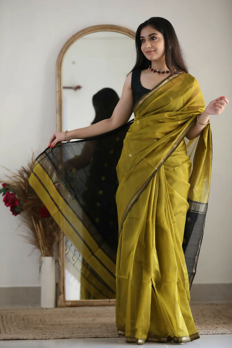 AXONIT Premium Golden Cotton Saree with Lightweight Fabric, Elegant Zari Border, and Traditional Finish