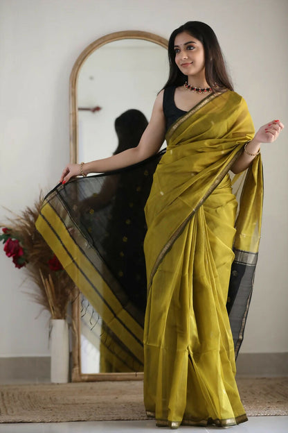 AXONIT Premium Golden Cotton Saree with Lightweight Fabric, Elegant Zari Border, and Traditional Finish