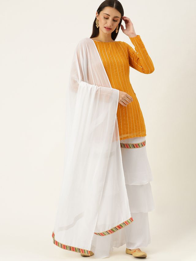 Bollywood Vogue Ready To Wear White N Mustard Embroidered Layered Gharara Suit