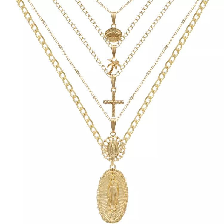 Golden Glamour & Pearls: 5 Layer Zeus Chain Necklace Set of 2 Elegant Jewelry Set for Women pinapes