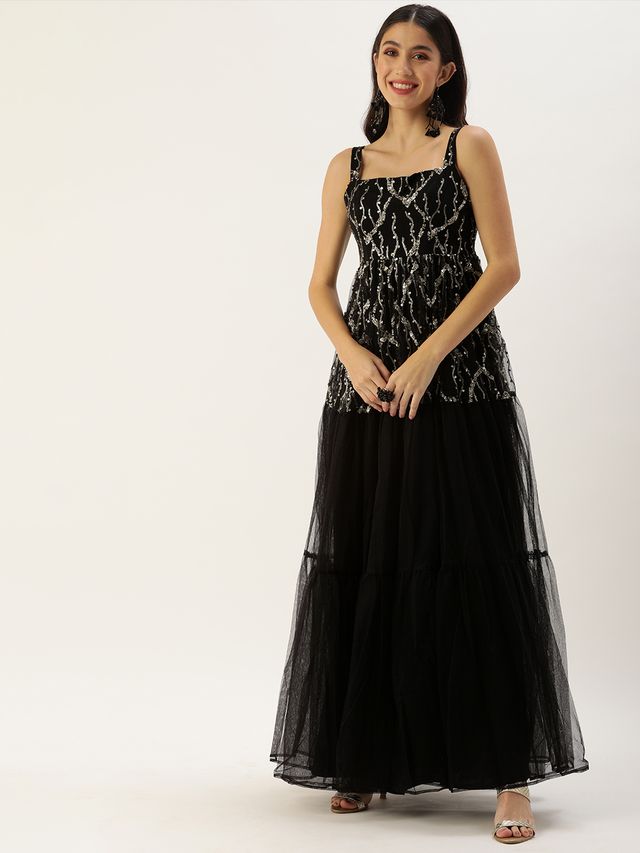 Bollywood Vogue Ready To Wear Black Tiered Gathers Embroidered Gown