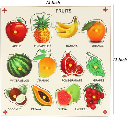 AV MART Kids Educational Fruit Name Puzzle on Wooden Board (12 Different Fruits) (12X12 INCH) - HalfPe