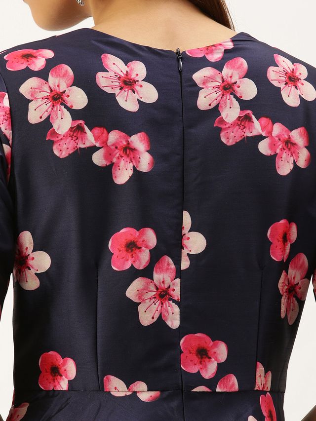 Bollywood Vogue Ready To Wear Blue Printed Art Silk Fit And Flare Dress