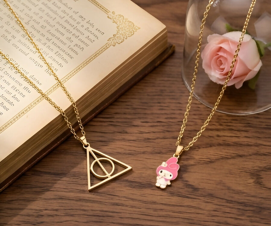 Elegant Gold Pendant Necklace Set – Triangle Symbol & Cute Character Charm (Set of 2)