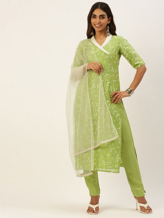 Bollywood Vogue Ready To Wear Green Cotton Foil Printed Narrow Straight Pant Suit