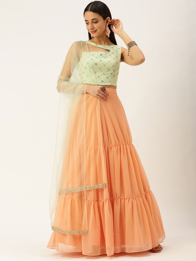 Bollywood Vogue Ready To Wear Green Embroidered N Peach Lehenga