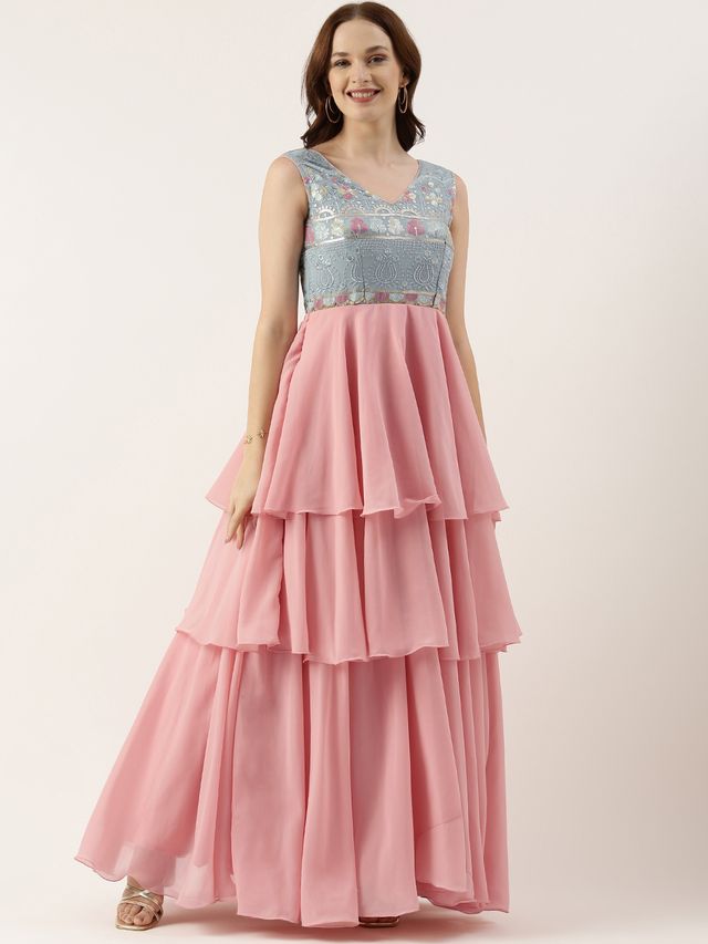 Bollywood Vogue Ready To Wear Blue Georgette Embroidered V Neck Pink Gown
