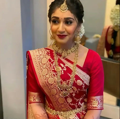 AXONIT Premium Bridal Banarasi Silk Saree in Red with Intricate Gold Zari Floral Design