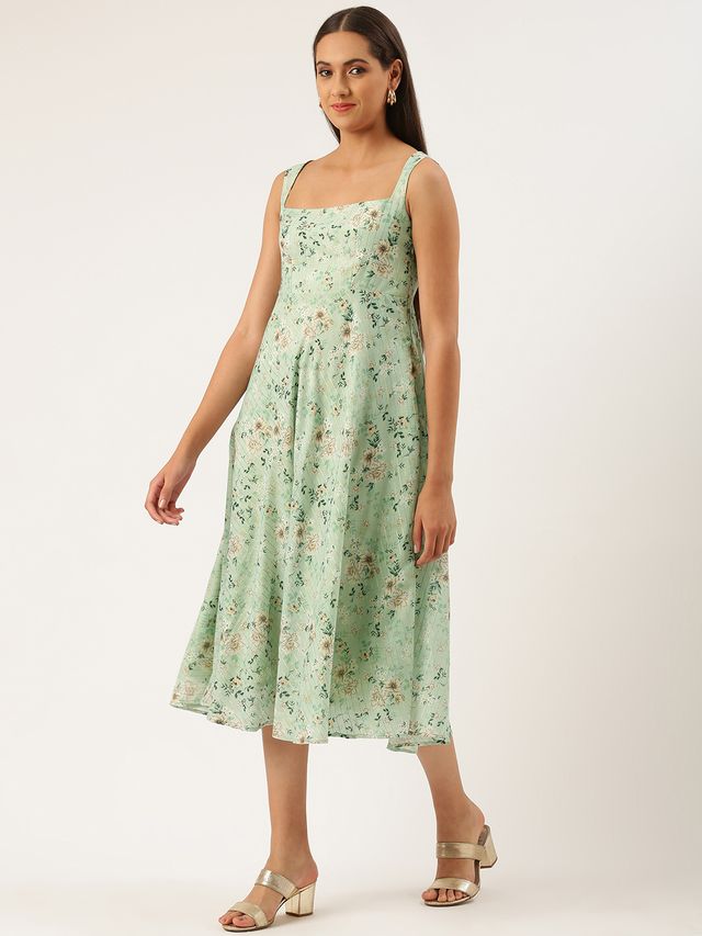 Bollywood Vogue Ready To Wear Digital Printed Green Muslin Maxi Dress