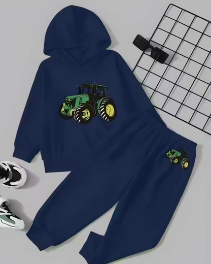 Kids Navy Blue Hoodie and Joggers Set with Tractor Graphic Luck Fashion