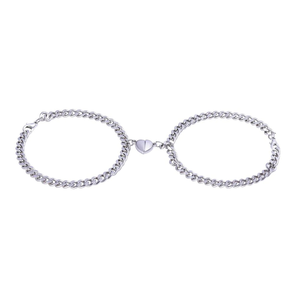 Jazz And Sizzle Silver-Tone Heart love Chain Bracelet Set Gift for Him & Her