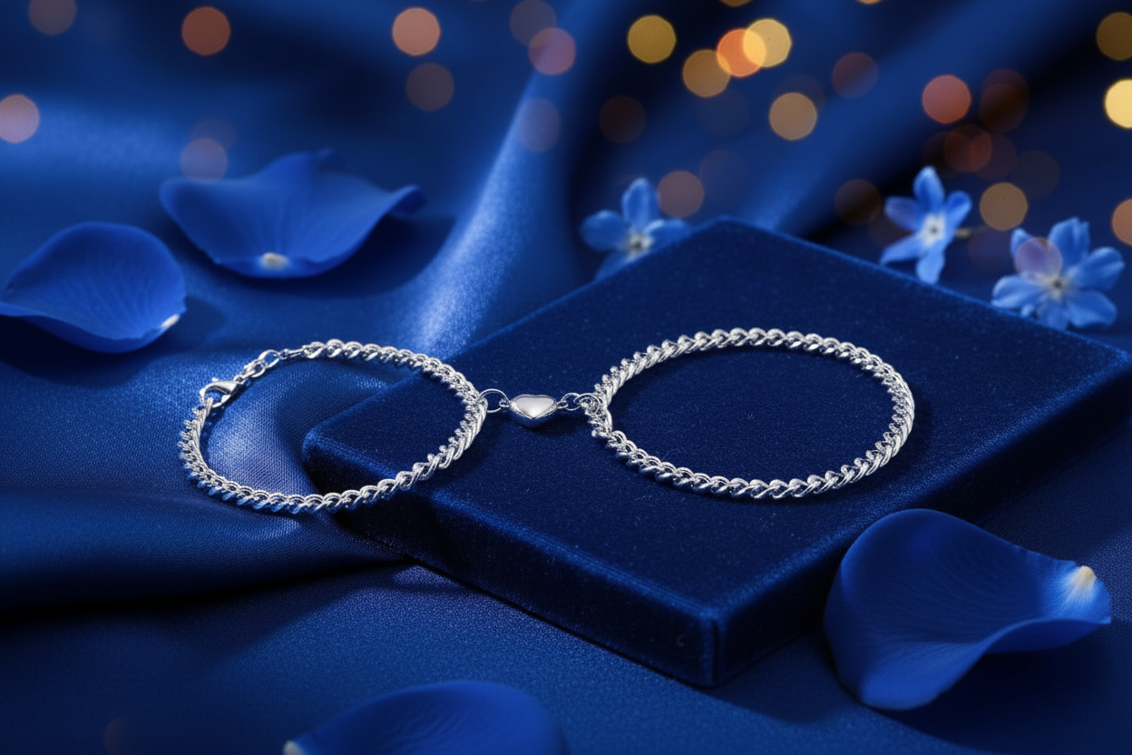 Jazz And Sizzle Silver-Tone Heart love Chain Bracelet Set Gift for Him & Her