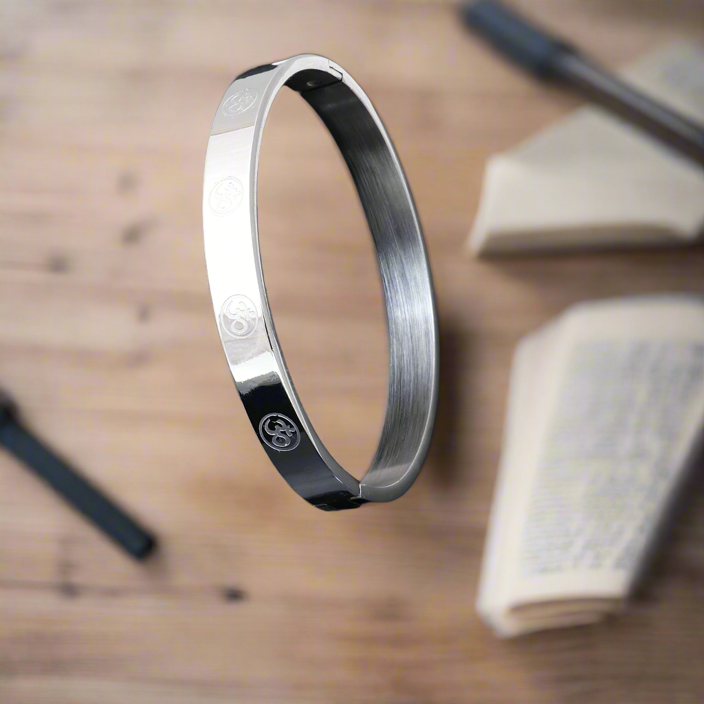 Jazz and Sizzle Men Temple OM Engraved Spiritual Silver-Plated Kada Bracelet