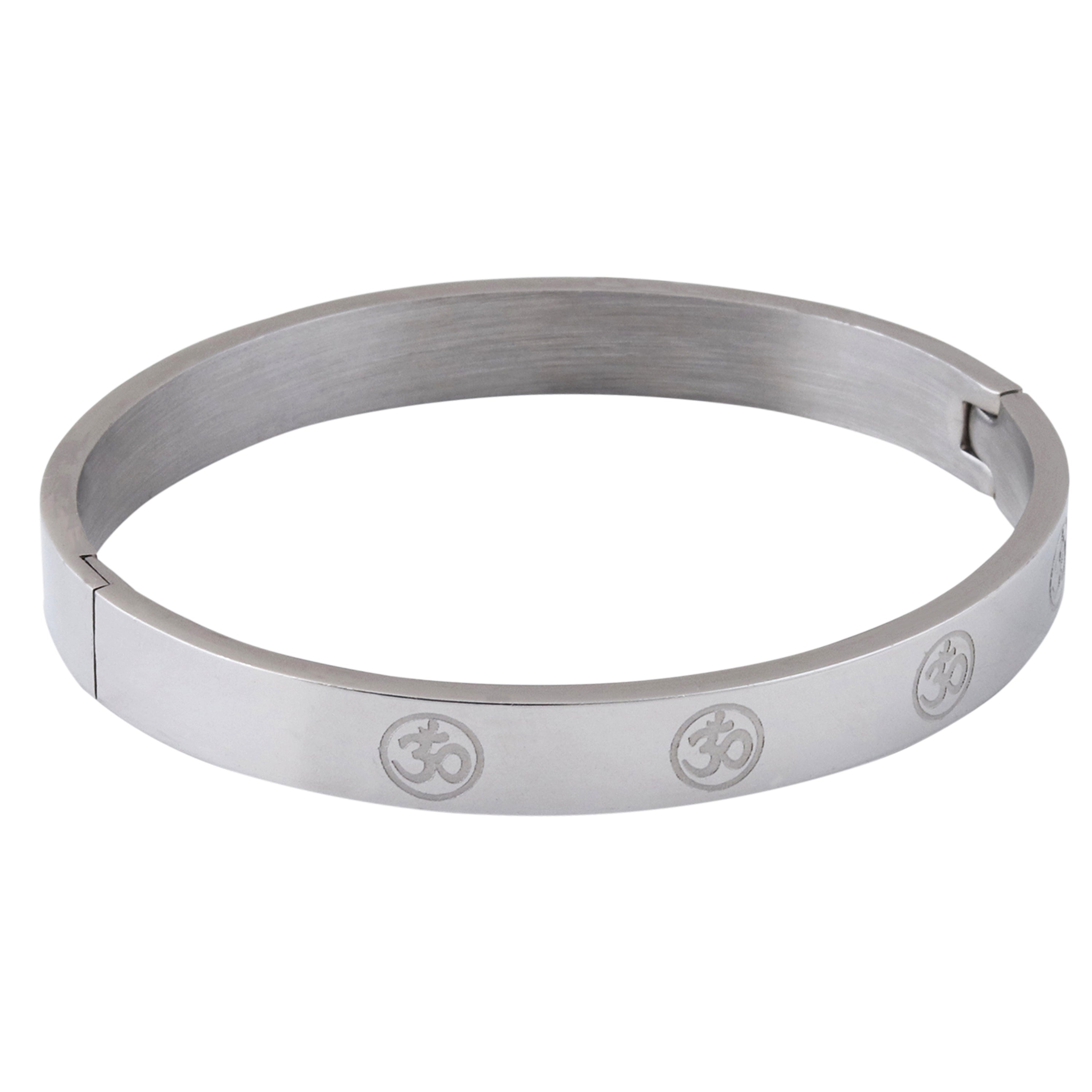 Jazz and Sizzle Men Temple OM Engraved Spiritual Silver-Plated Kada Bracelet