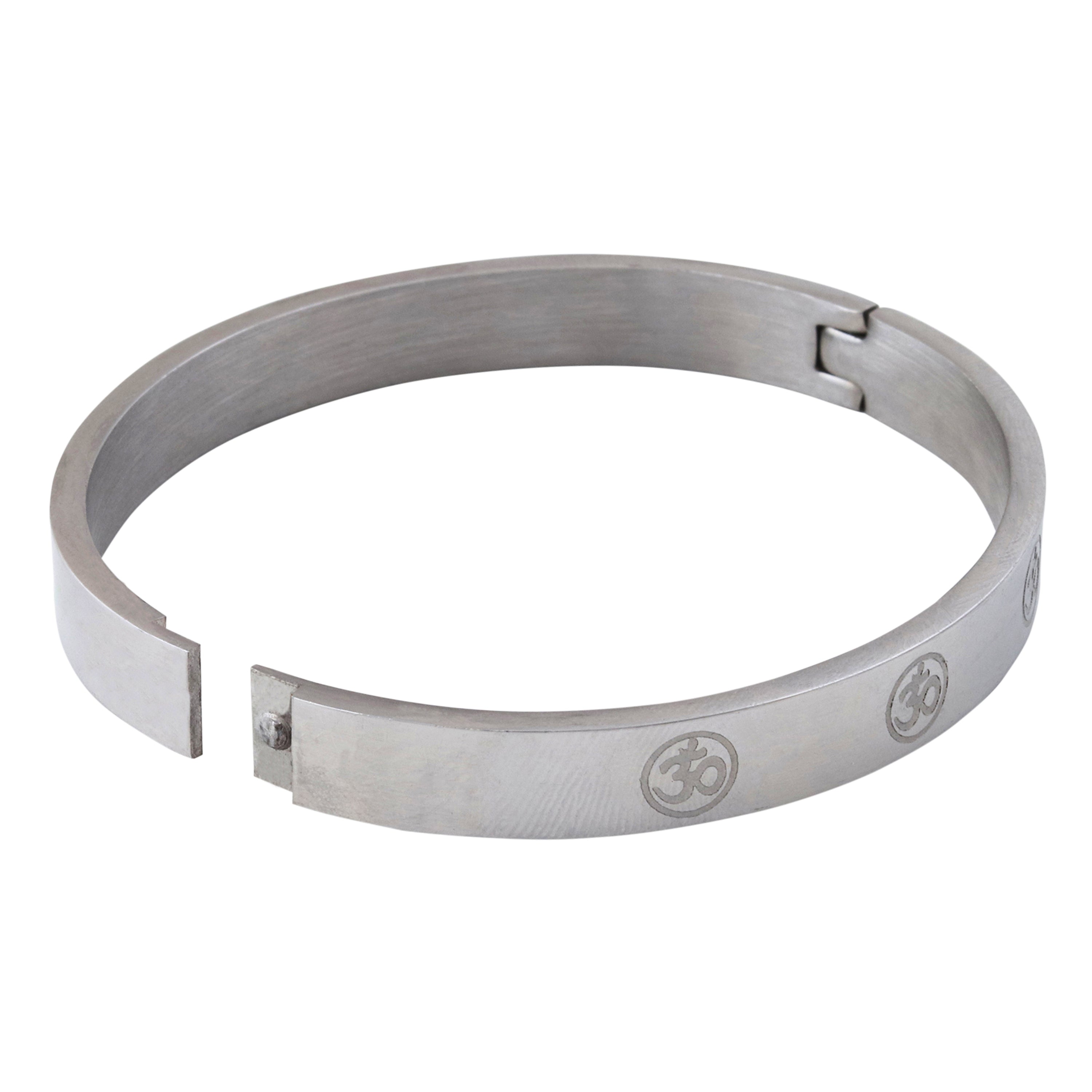 Jazz and Sizzle Men Temple OM Engraved Spiritual Silver-Plated Kada Bracelet